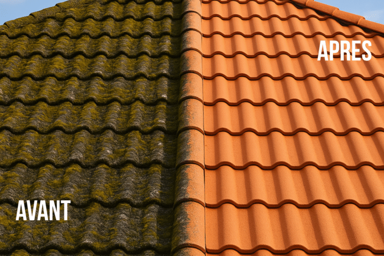 Toiture avant et après démoussage, avec à gauche des tuiles recouvertes de mousse et à droite une couverture propre et rénovée après nettoyage.